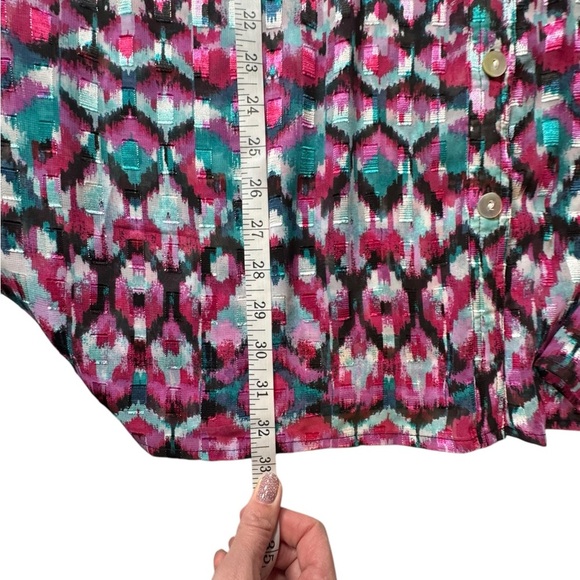 Ruby Rd. Woman Button Front Blouse 16W Multicolor Ikat Print Roll Tab Sleeve 148 - Picture 4 of 9
